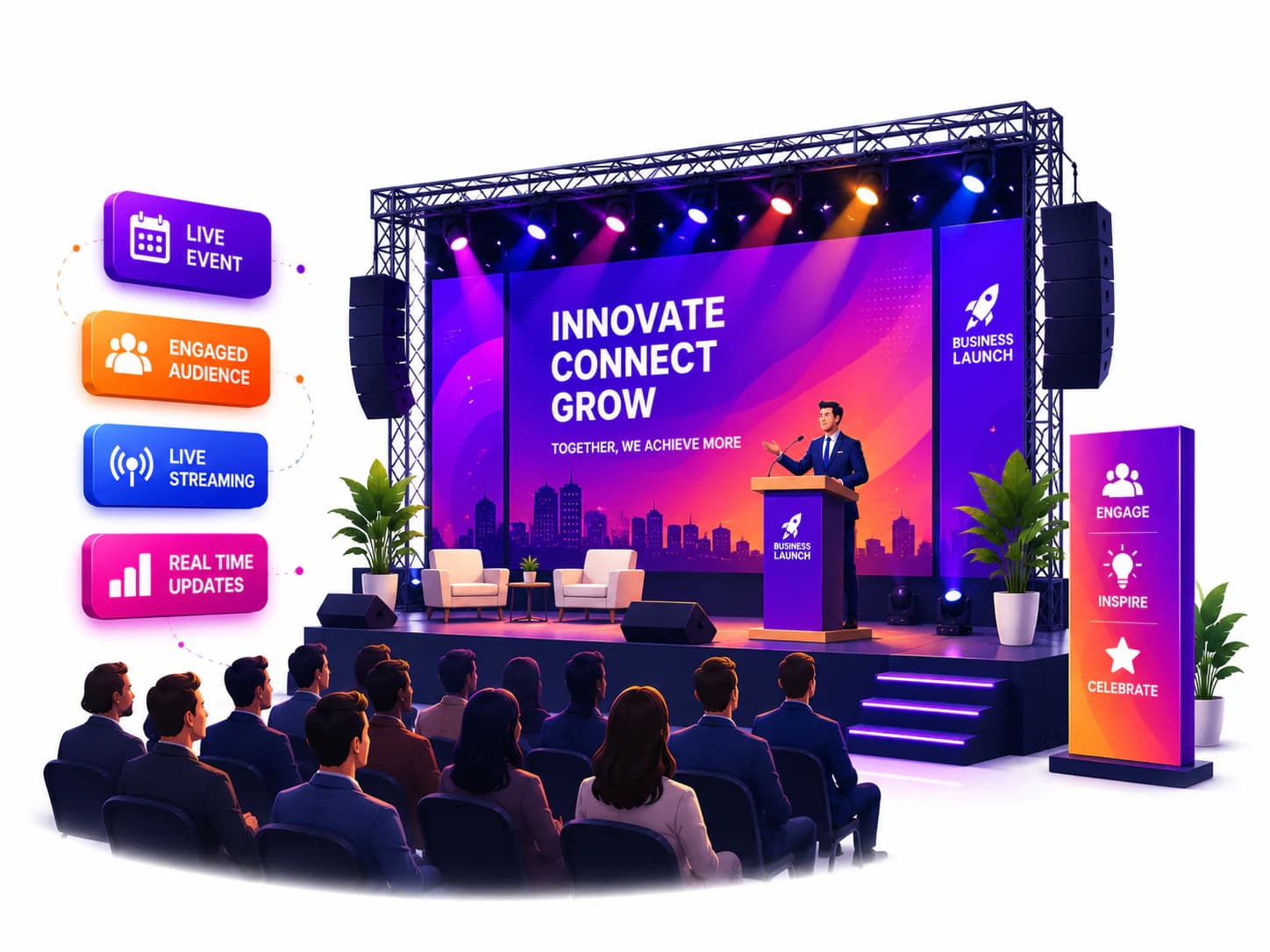 Branded event stage and audience illustration