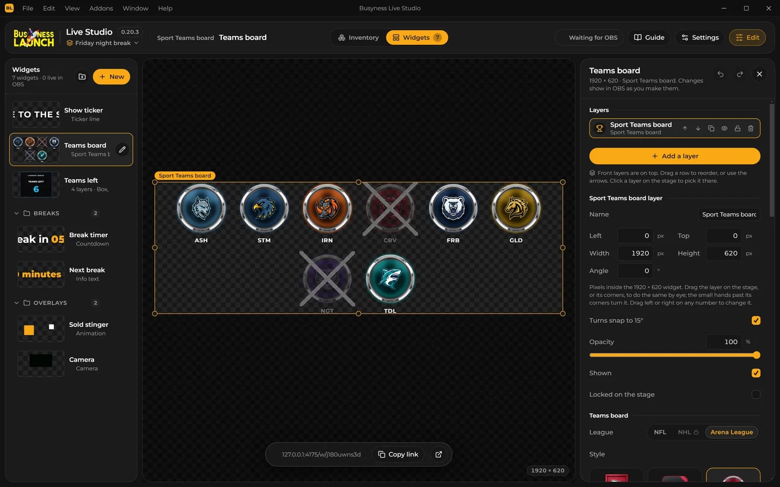 The Live Studio widget builder, with a team board on the stage, its layer list on the right and its OBS link underneath