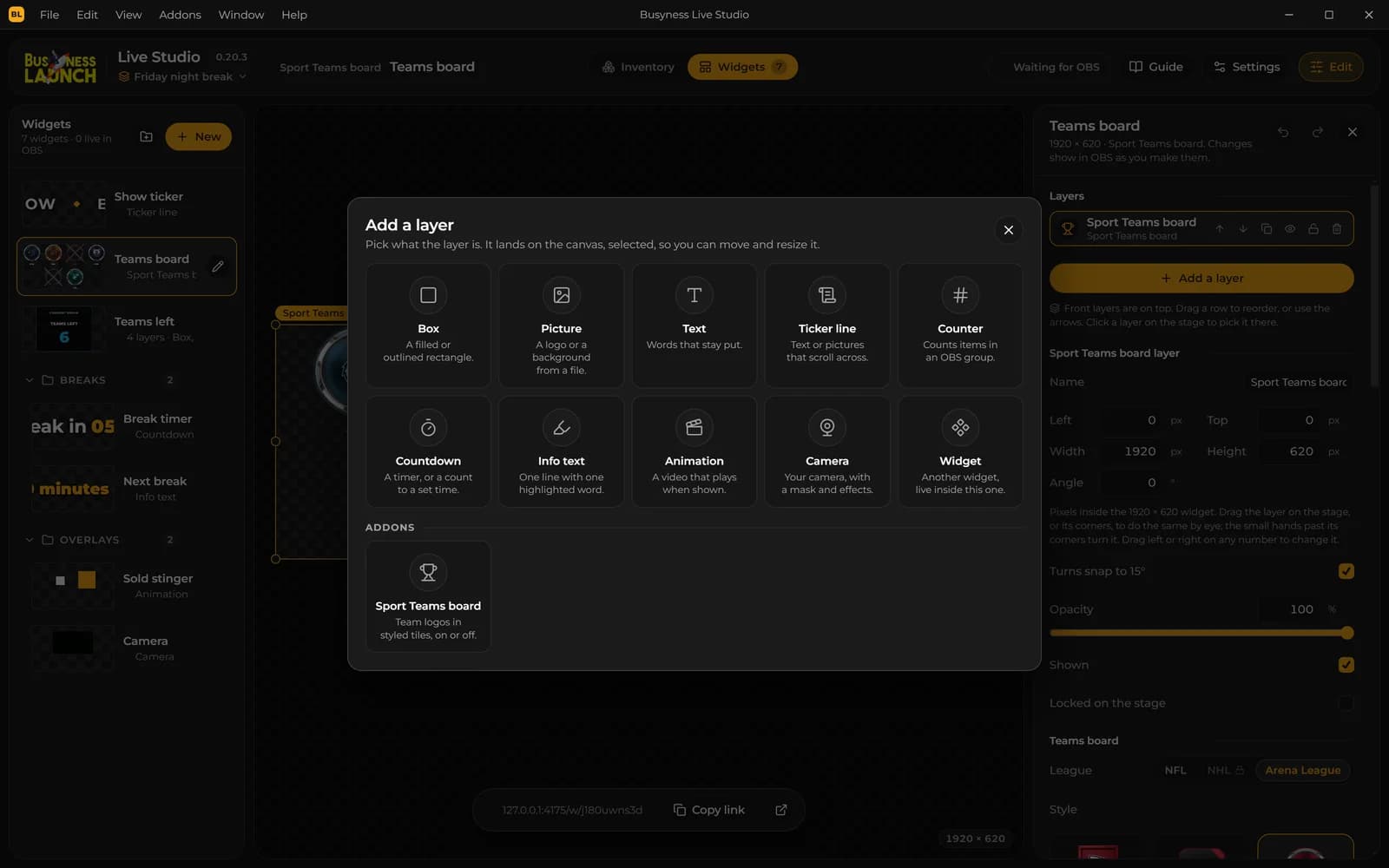 The Add a layer window in Live Studio, listing every layer kind: box, picture, text, ticker line, counter, countdown, info text, animation, camera, widget and the Sport Teams board addon