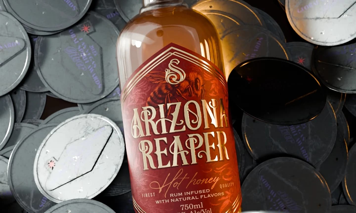 The rum bottle shot on one side in plain white clay and on the other with its finished glass, label and metal materials