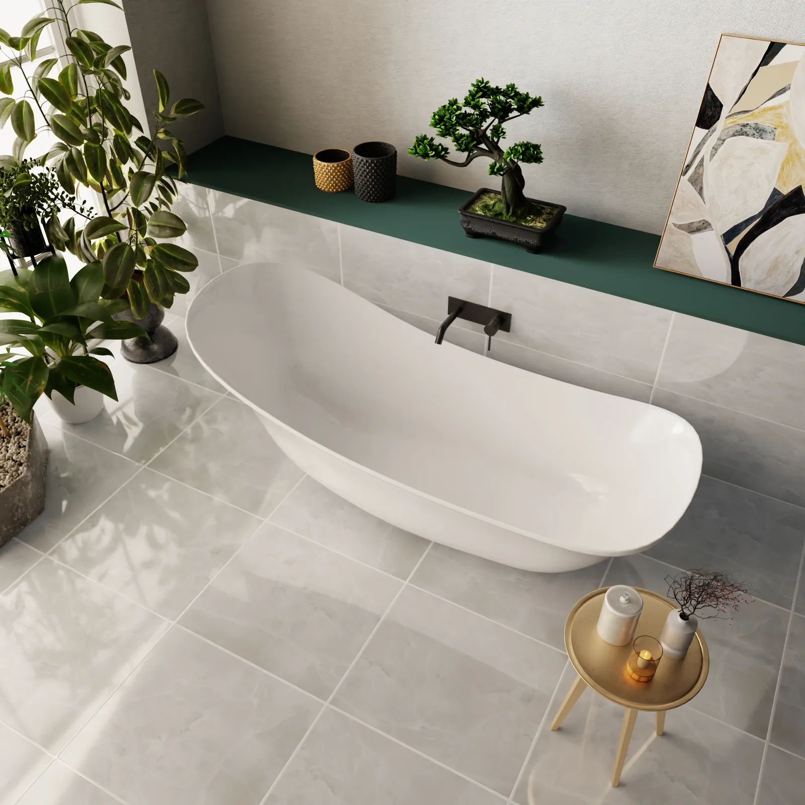 A freestanding white bath on a grey stone floor, seen from above, surrounded by large plants