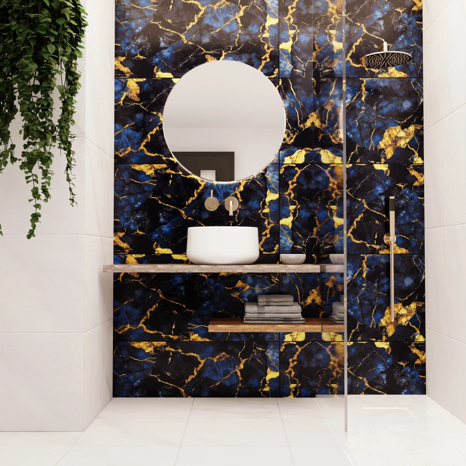 A bathroom vanity against a wall of deep blue marble veined with gold, a round mirror above a white basin