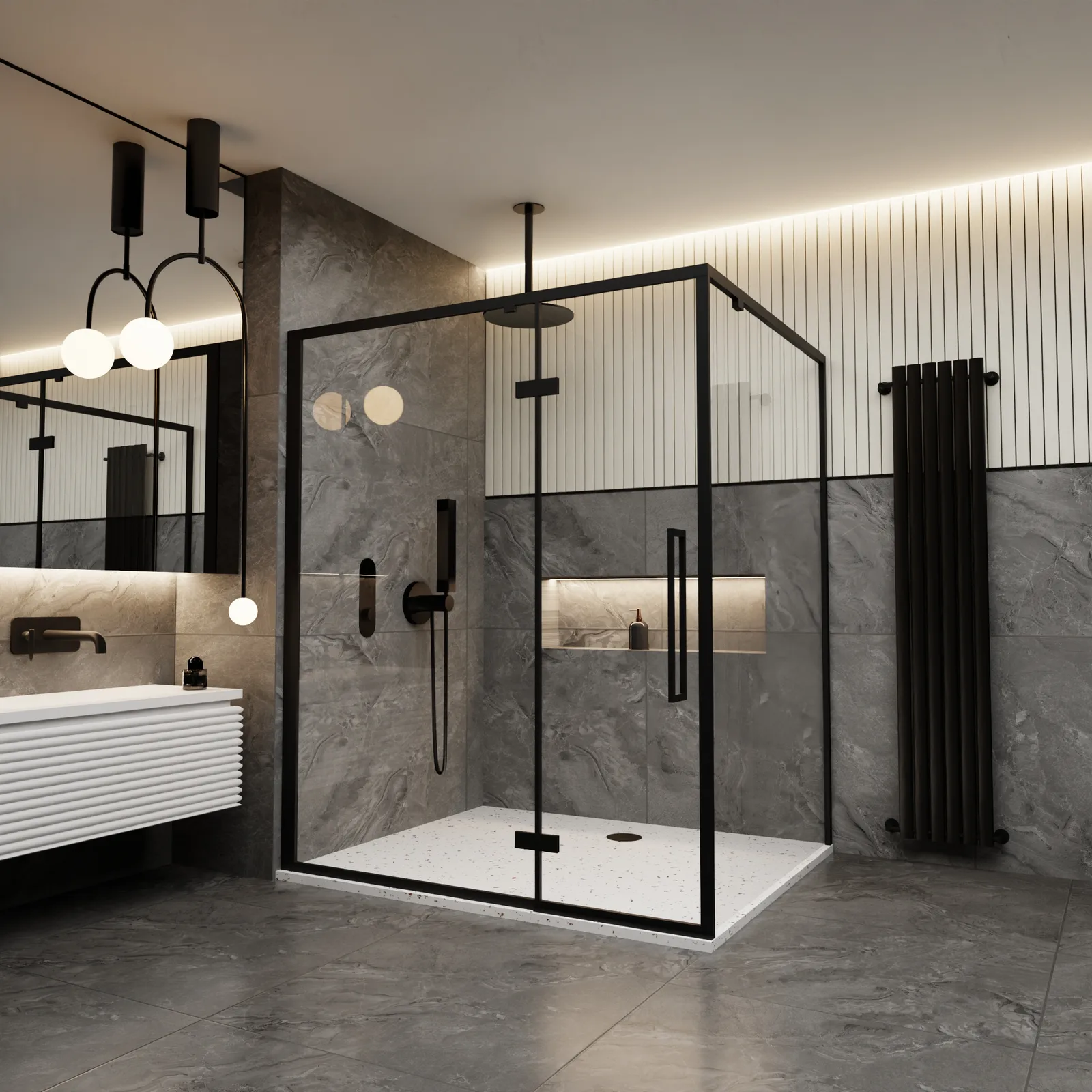 A black steel framed shower enclosure in a grey slate bathroom, lit from a recess in the ceiling