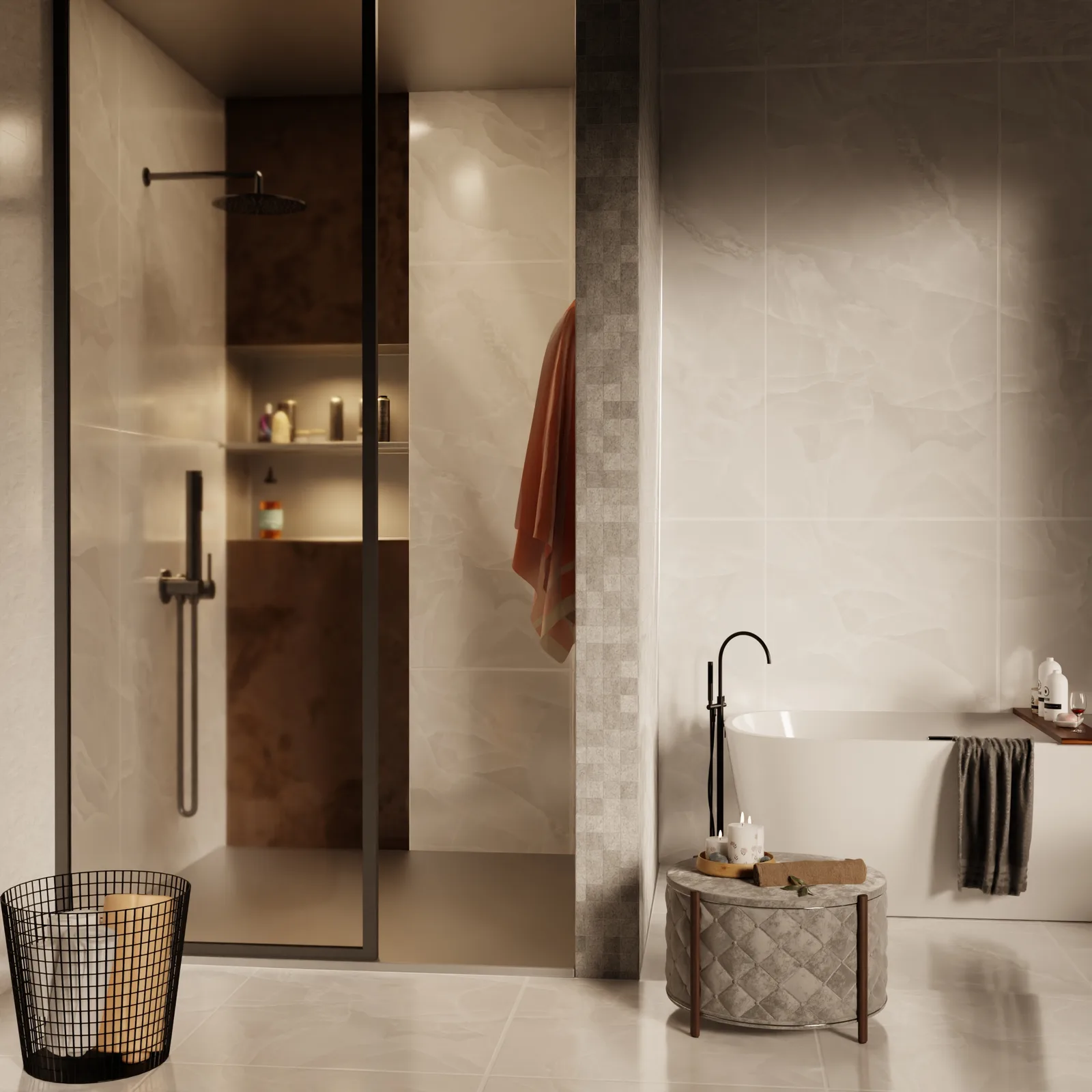 A walk-in shower with a lit niche, beside a freestanding bath and a woven stool
