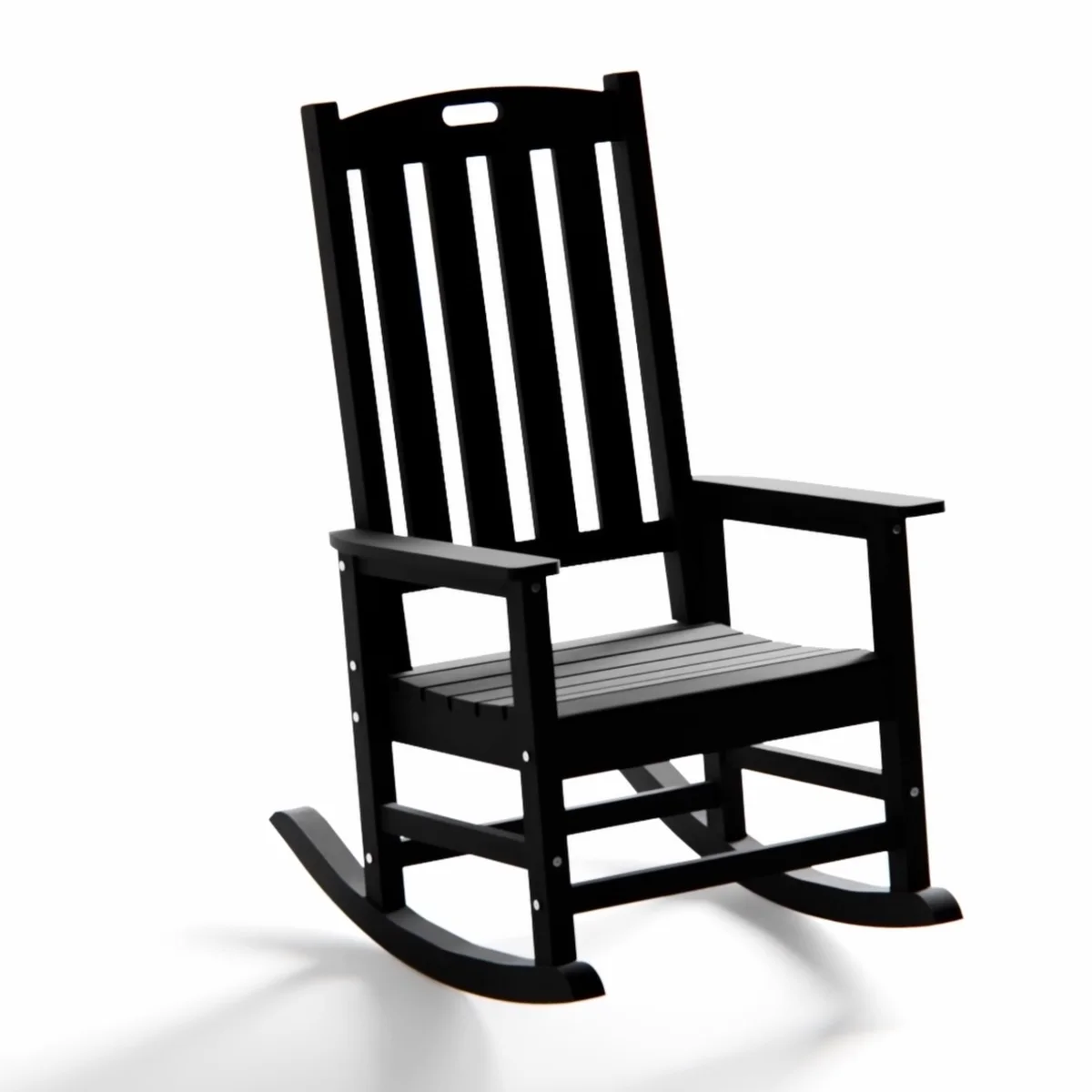 A black rocking chair rendered on a white studio ground