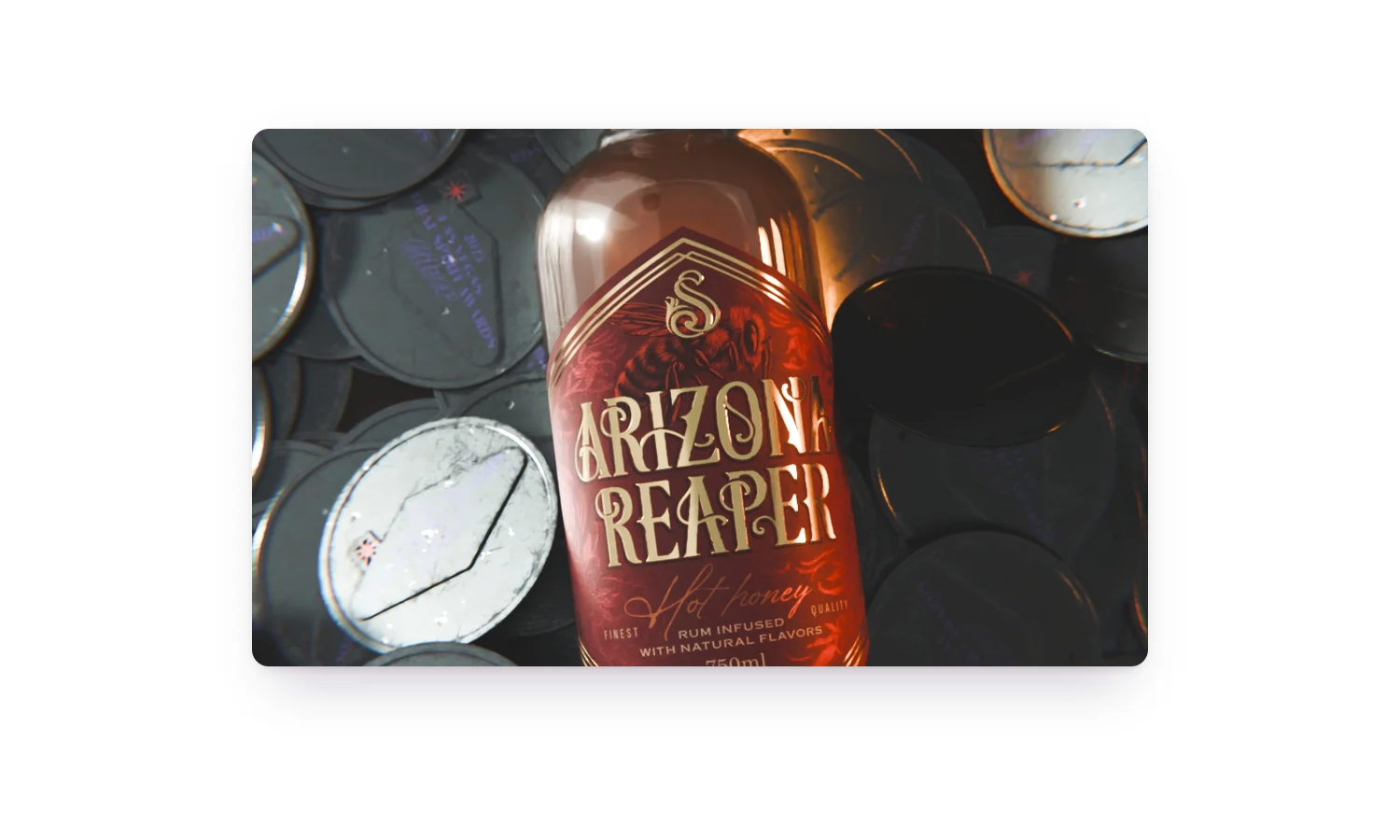 The finished render: an amber rum bottle among silver award tokens