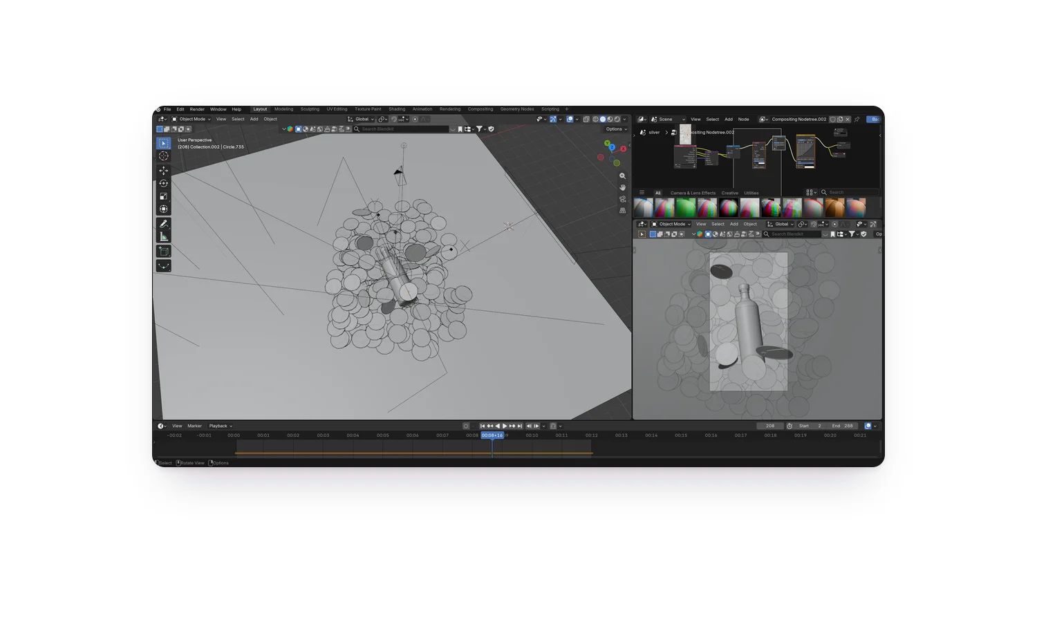 The Blender scene for the shot: the camera and lights, the falling-token animation on the timeline, and the compositing nodes