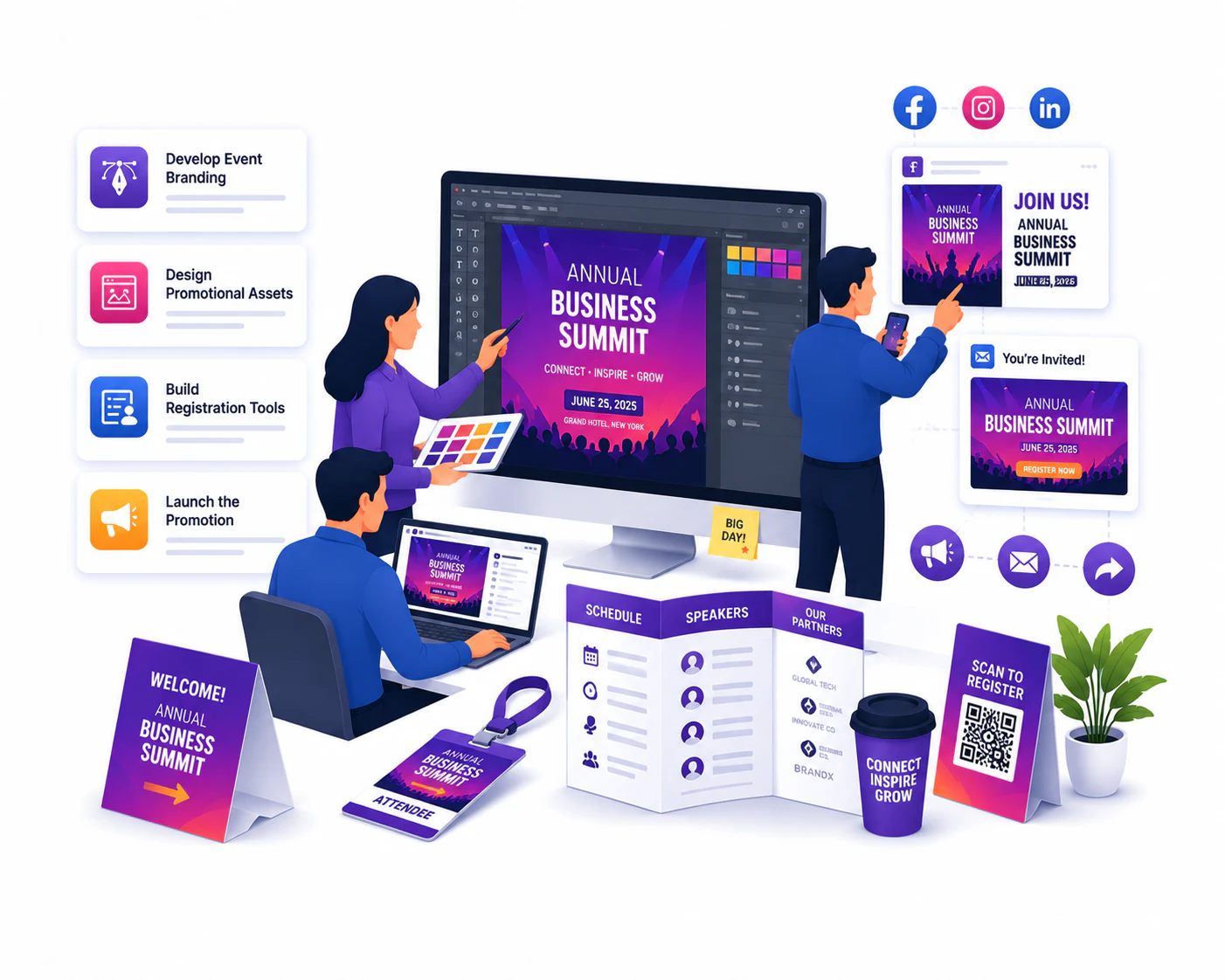 Event branding, design, and promotion illustration
