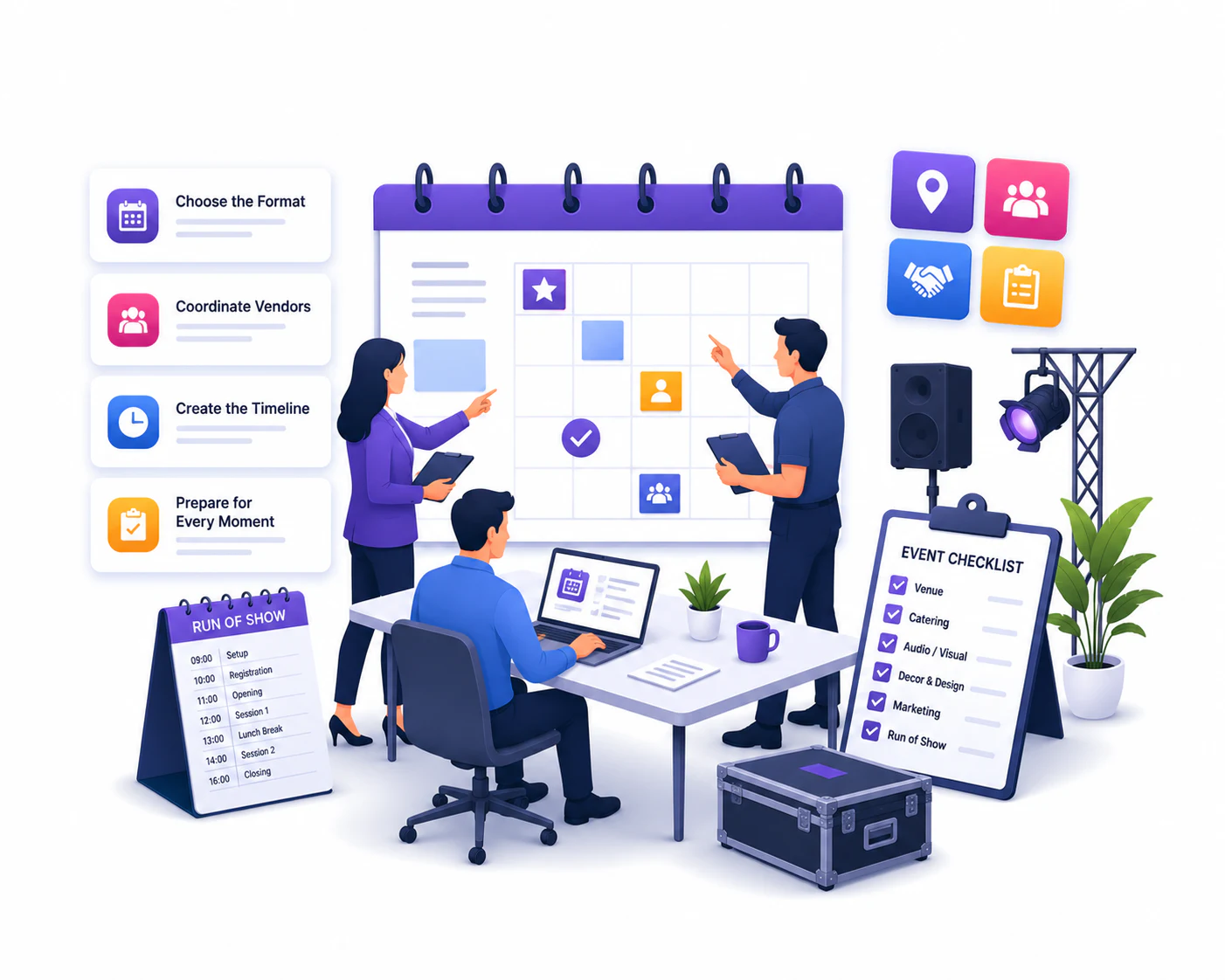 Event schedule, vendors, and logistics planning illustration