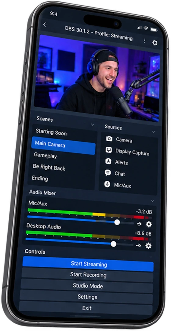 OBS on a phone, showing scenes, sources and audio levels