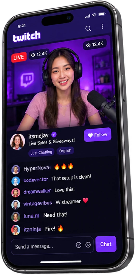 A Twitch stream on a phone, a creator on camera with chat below