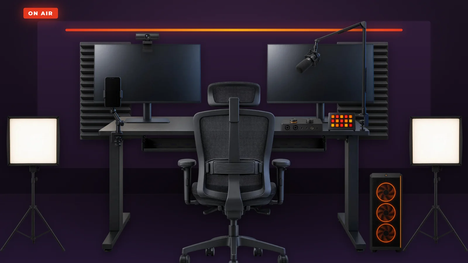 A live selling studio with two monitors, a webcam, a mic on a boom arm, studio lights and a streaming PC